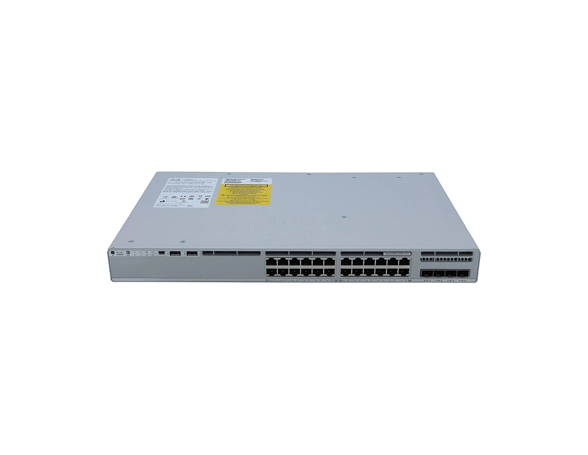 High-angle three-quarter view of the Cisco C9200L-24P-4G-A switch, showing the top of the chassis and the front panel with 24 PoE+ ports.
