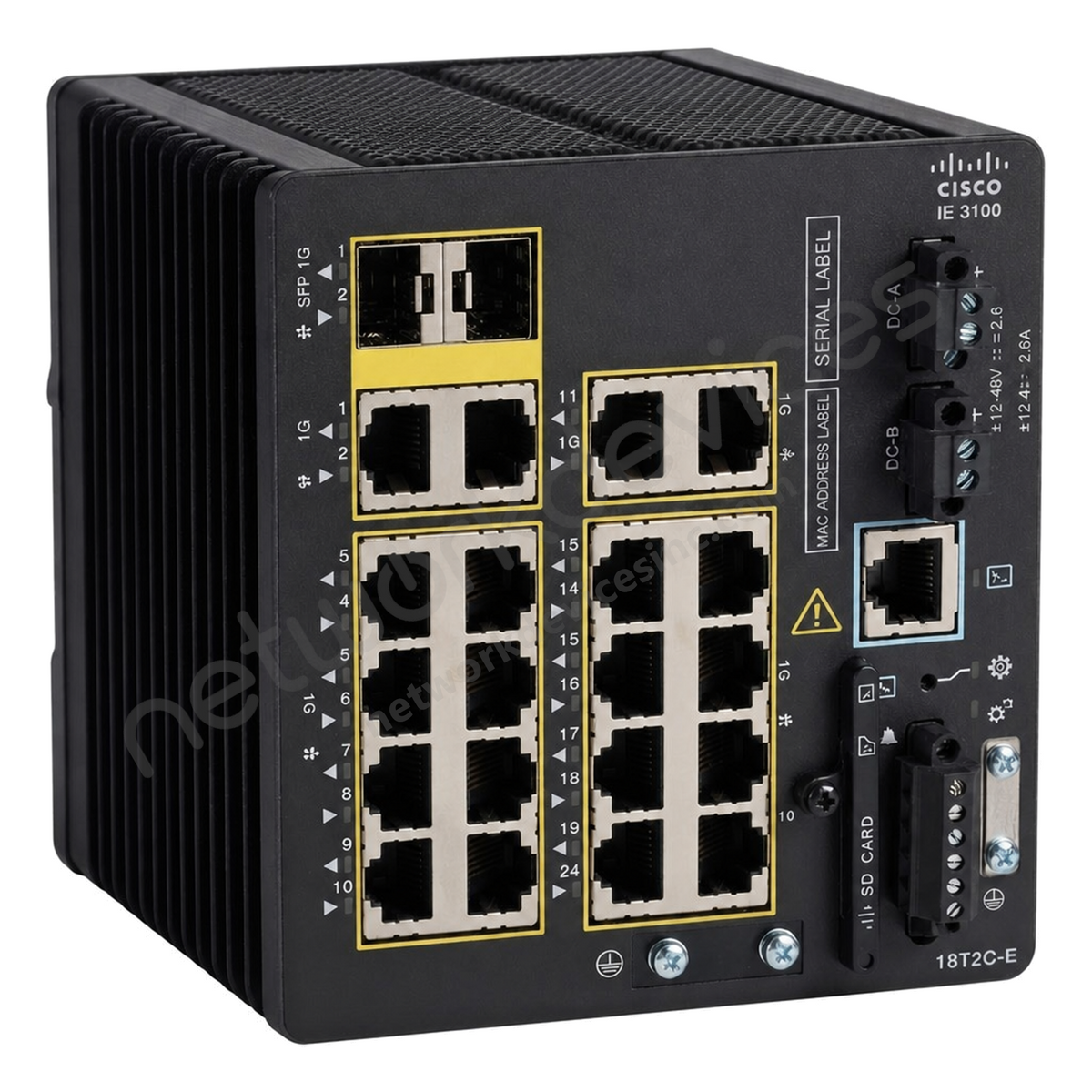 Cisco Catalyst IE3100 IE-3100-18T2C-E Rugged Industrial Switch, 18 x 1G copper, 2 x combo RJ45/SFP - front view | Network Devices Inc.
