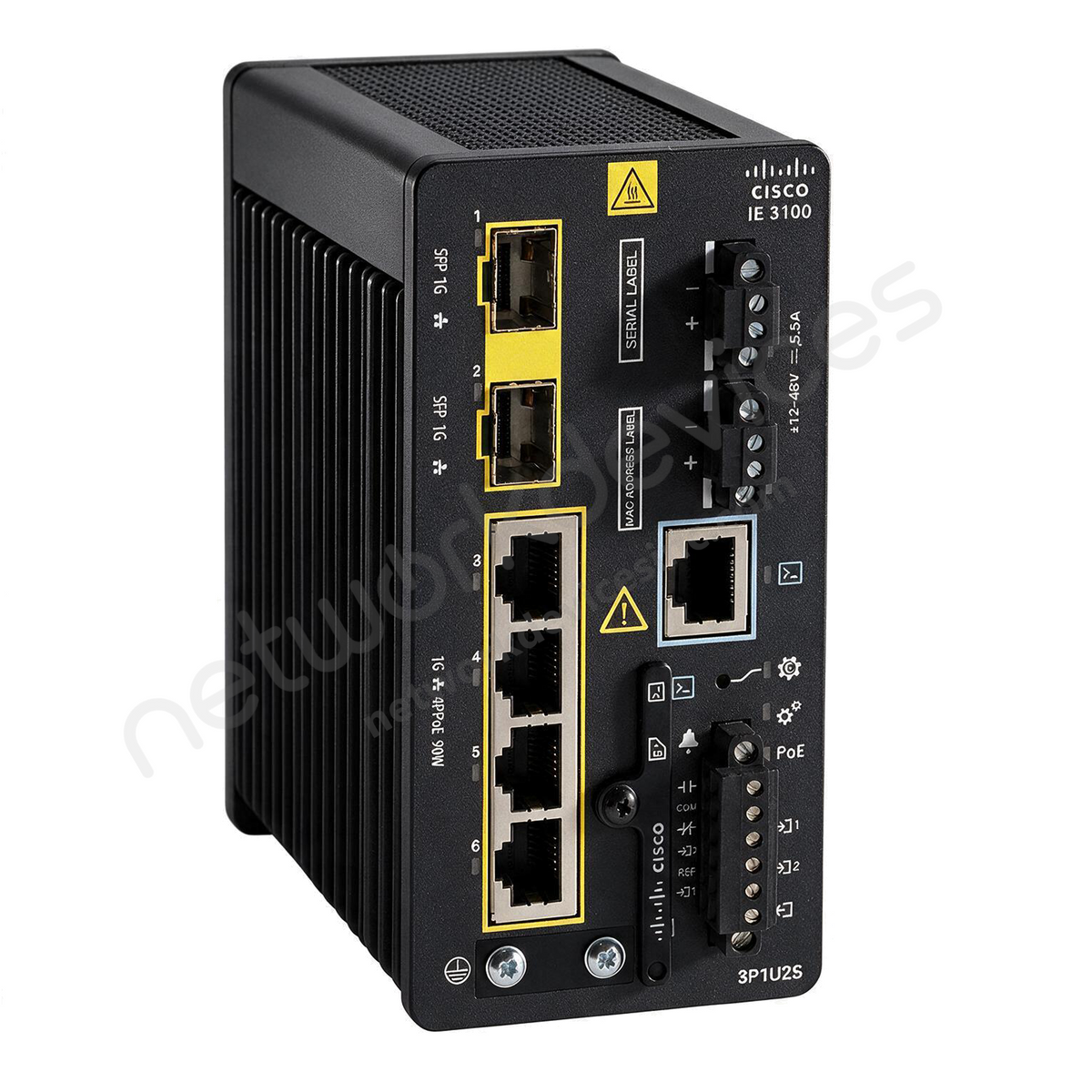 Cisco Catalyst IE3100 IE-3100-3P1U2S-E Rugged Industrial Switch, 3 x PoE+, 1 x UPOE, 2 x 1G SFP - front view | Network Devices Inc.
