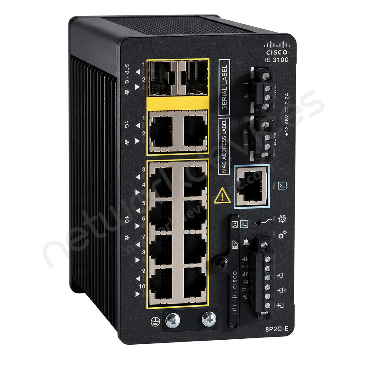 Cisco Catalyst IE3100 IE-3100-8P2C-E Rugged Industrial Switch, 8 x PoE+, 2 x combo RJ45/SFP - front view | Network Devices Inc.