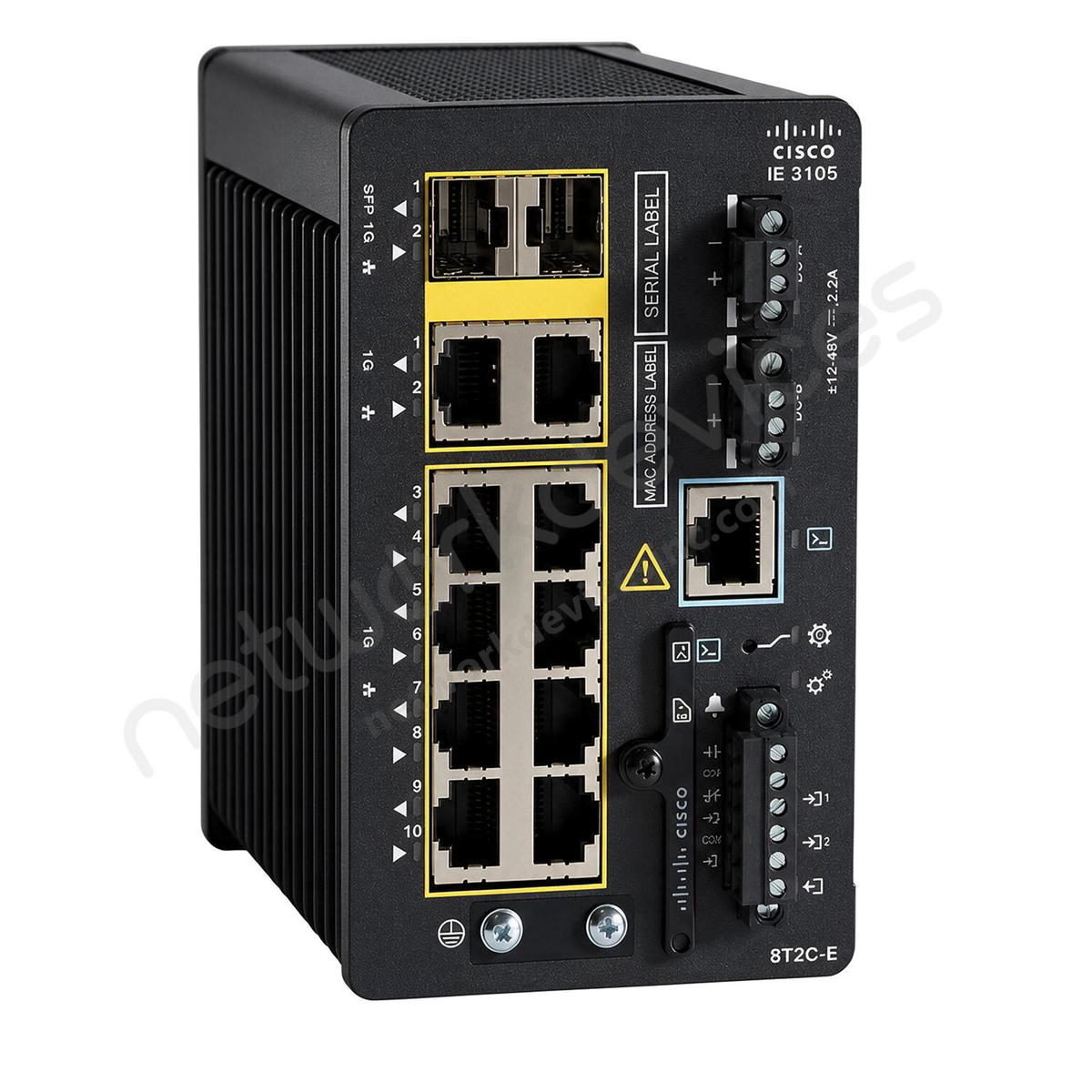 Cisco Catalyst IE3105 IE-3105-8T2C-E Rugged Industrial Switch, 8 x 1G copper, 2 x combo RJ45/SFP - front view | Network Devices Inc.