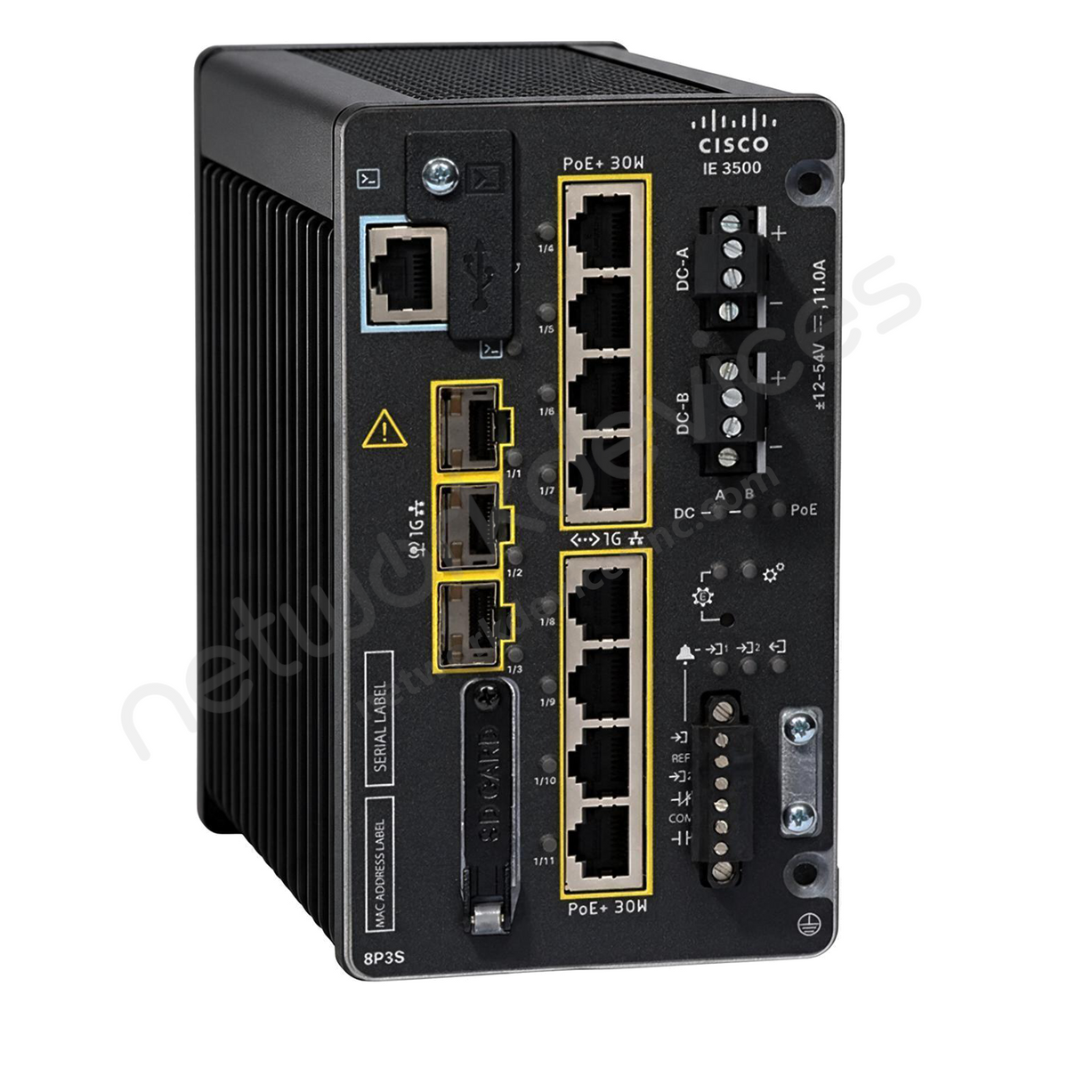 Cisco Catalyst IE3500 IE-3500-8P3S-E Rugged Industrial Switch, 8 x PoE+, 3 x 1G SFP - front view | Network Devices Inc.