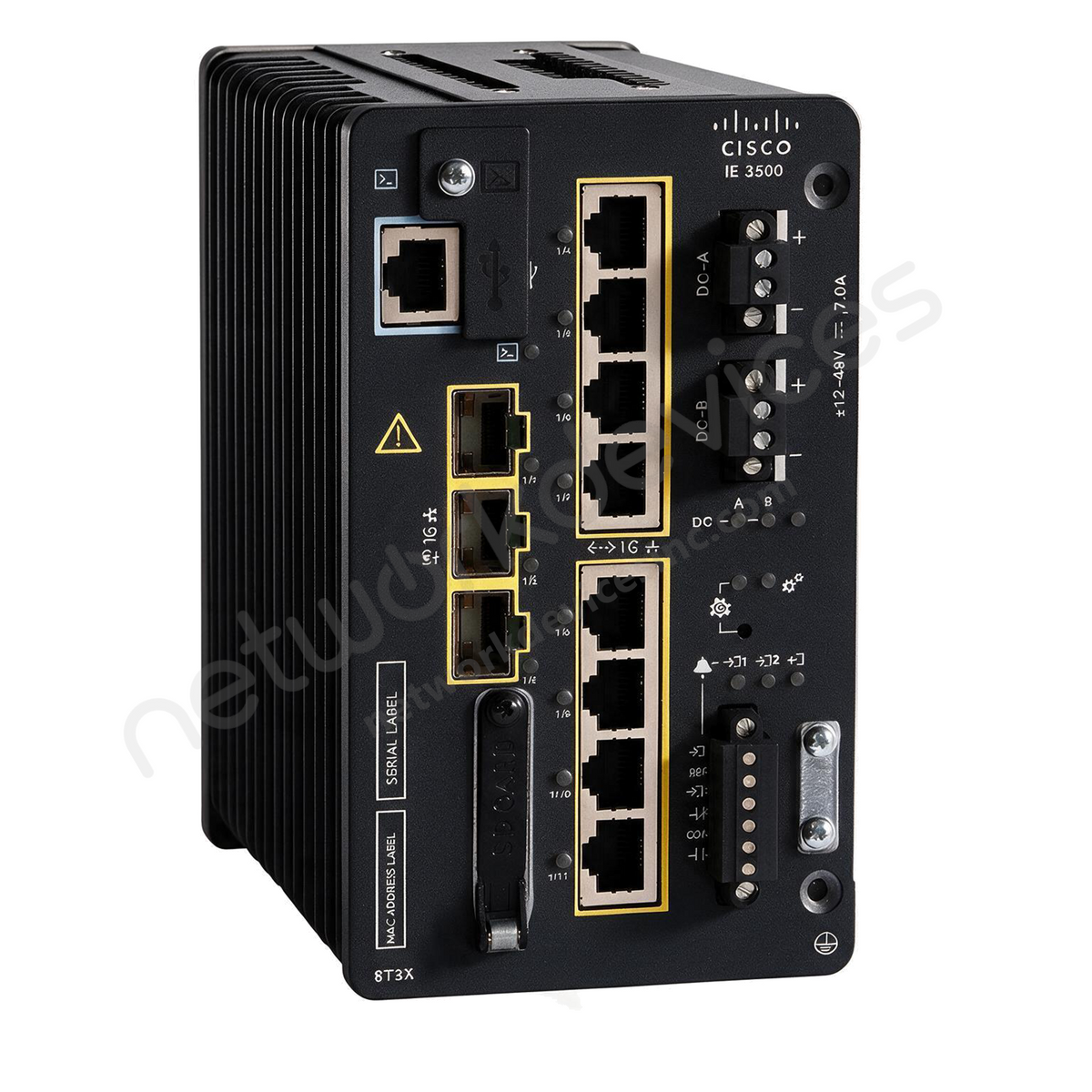 Cisco Catalyst IE3500 IE-3500-8T3X-E Rugged Industrial Switch, 8 x 1G copper, 3 x 10G SFP+ - front view | Network Devices Inc.