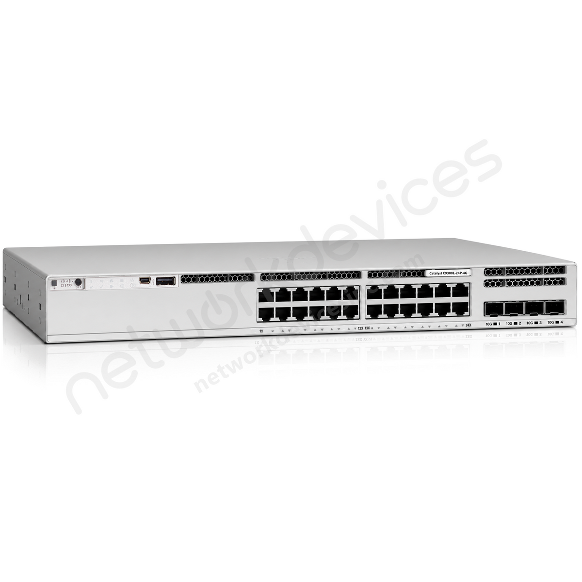 Cisco Catalyst 9300L C9300L-24P-4G 24-Port PoE+ Switch with 4x1G Uplinks - front view | Network Devices Inc.