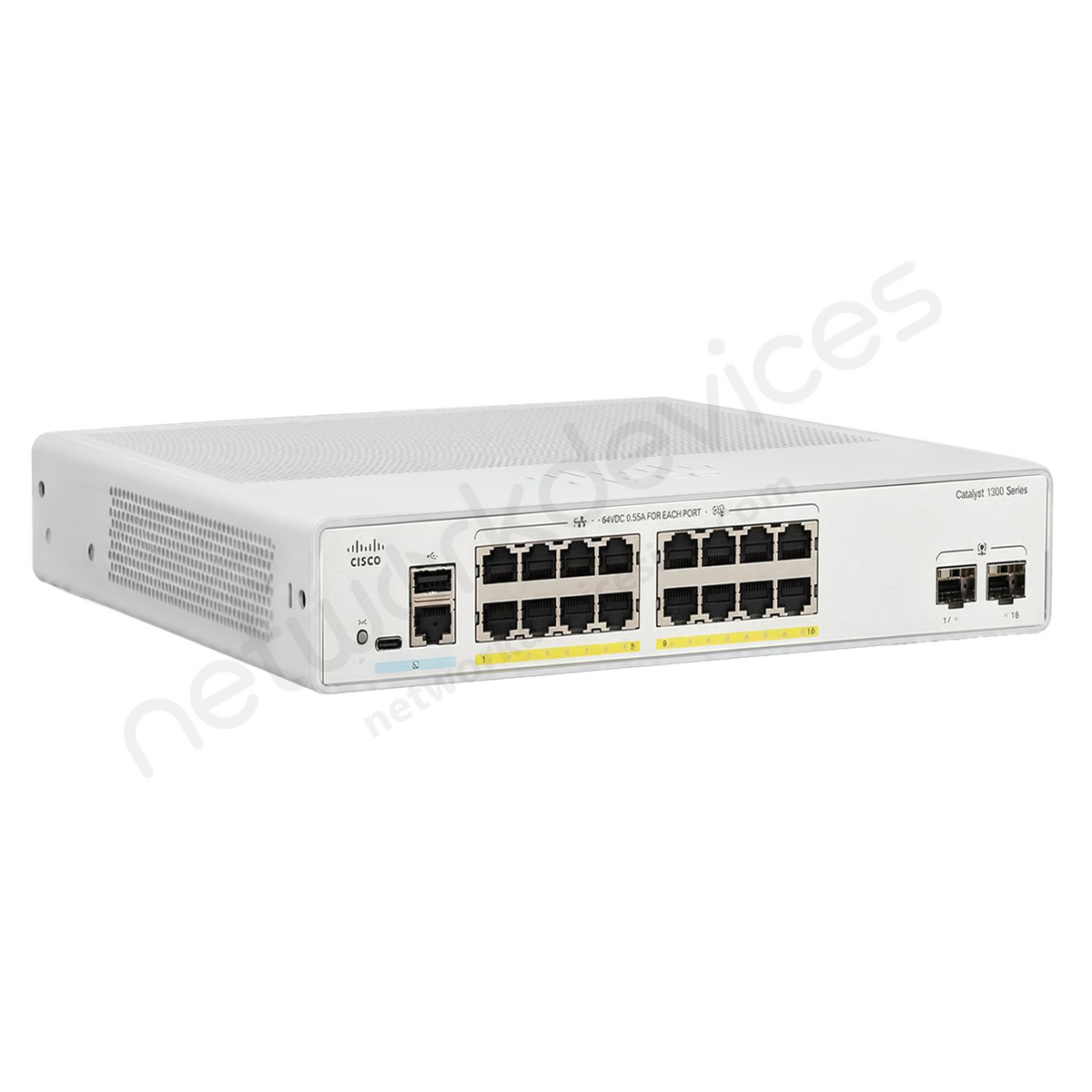 Cisco Catalyst 1300 C1300-16FP-2G 16-Port Full PoE+ Switch with 2x1G Uplinks - front view | Network Devices Inc.