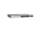 Rear panel of the Cisco C9200L-24P-4G-A switch, detailing the StackWise-80 ports, dual fan modules, and redundant power supply bays.