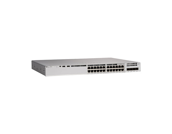 High-angle three-quarter view of the Cisco C9200L-24P-4G-A switch, showing the top of the chassis and the front panel with 24 PoE+ ports.