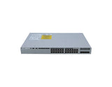 High-angle three-quarter view of the Cisco C9200L-24P-4G-A switch, showing the top of the chassis and the front panel with 24 PoE+ ports.