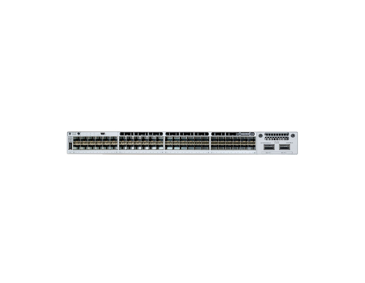 Front view of the Cisco C9300-48S-A switch, displaying its 48 1G SFP fiber ports and the empty modular uplink slot.