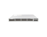 Angled perspective view of the Cisco C9300L-48P-4X-A switch, displaying the full front panel of 48 PoE+ ports and four 10G SFP+ uplinks.