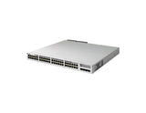 Three-quarter view of the Cisco C9300L-48P-4X-A switch, showing the top of the silver chassis and the full front panel with 48 ports.