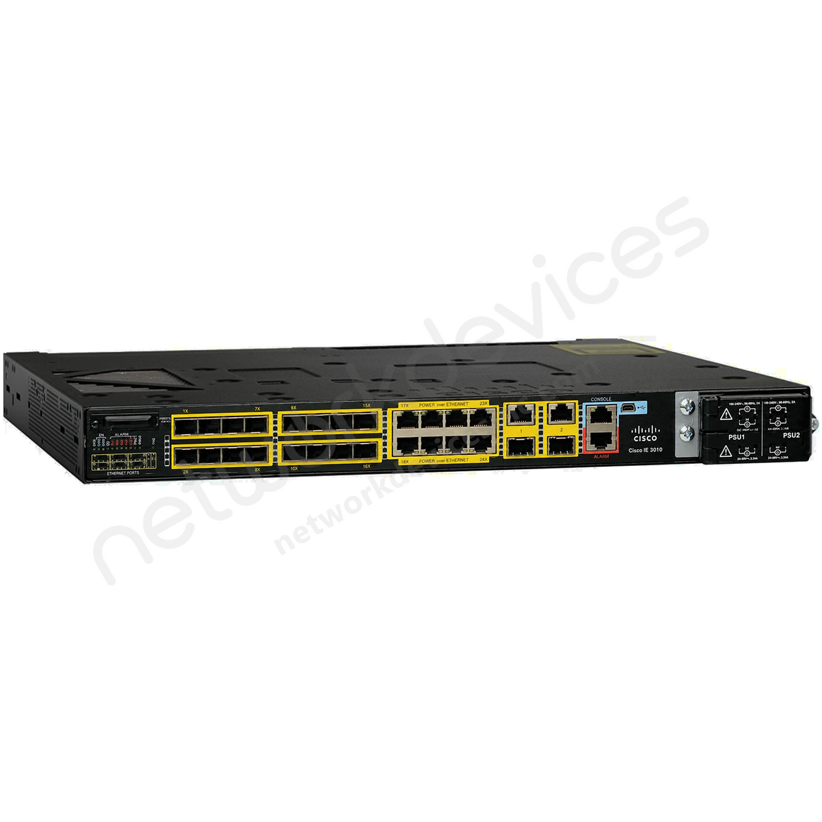 Cisco IE 3010 IE-3010-16S-8PC Rugged Industrial Switch, 16 x 1G SFP, 8 x PoE+ copper - front view | Network Devices Inc.