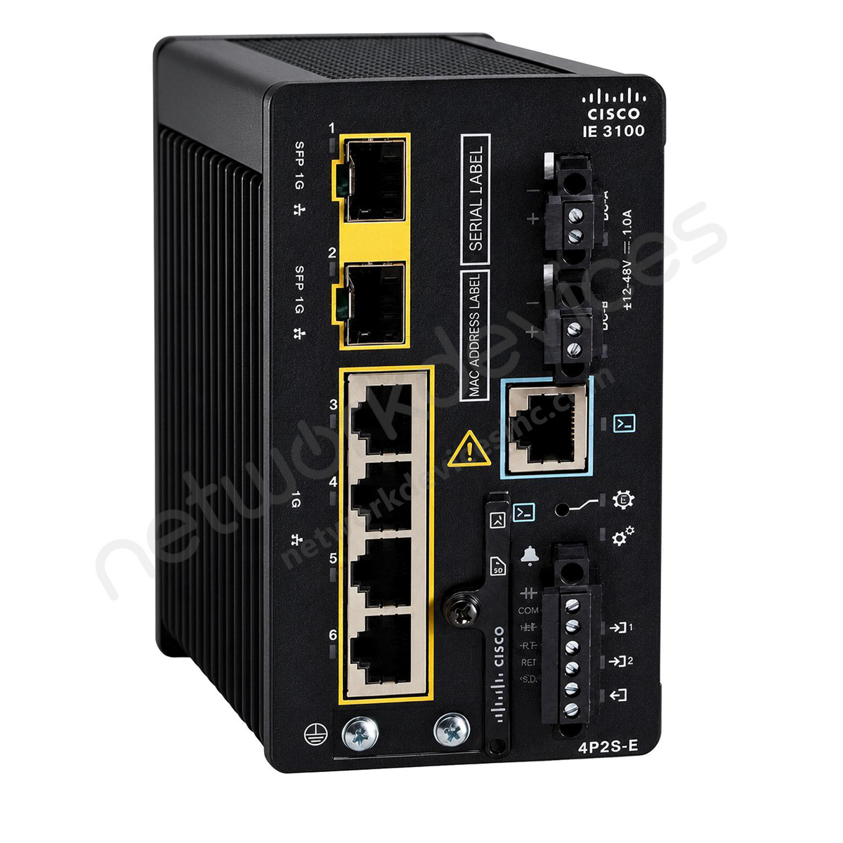 Cisco Catalyst IE3100 IE-3100-4P2S-E Rugged Industrial Switch, 4 x PoE+, 2 x 1G SFP - front view | Network Devices Inc.