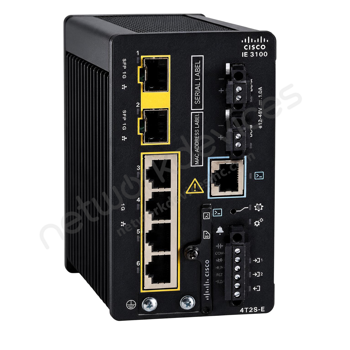 Cisco Catalyst IE3100 IE-3100-4T2S-E Rugged Industrial Switch, 4 x 1G copper, 2 x 1G SFP - front view | Network Devices Inc.