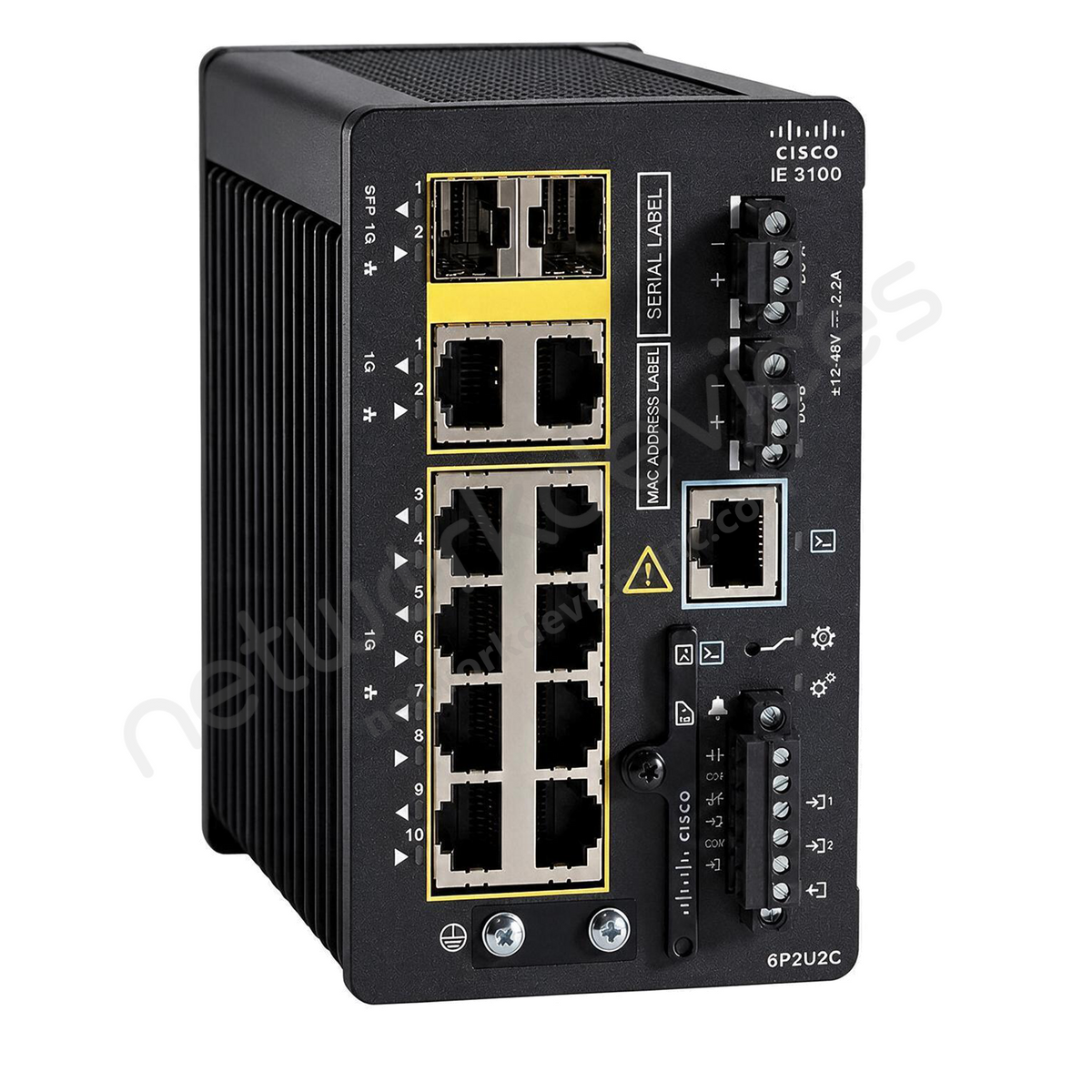 Cisco Catalyst IE3100 IE-3100-6P2U2C-E Rugged Industrial Switch, 6 x PoE+, 2 x UPOE, 2 x combo RJ45/SFP - front view | Network Devices Inc.