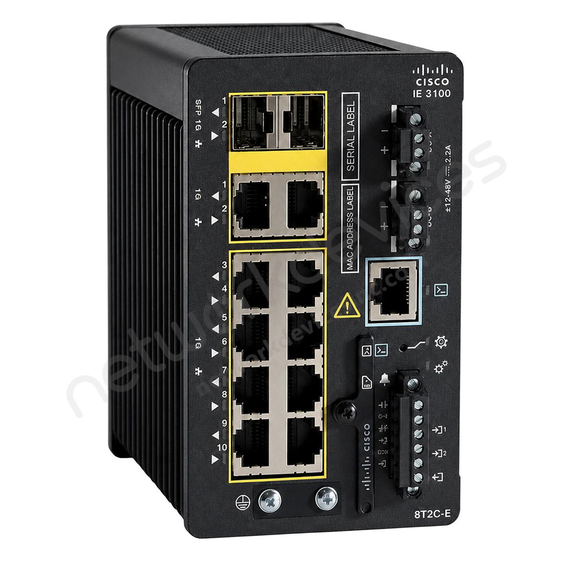 Cisco Catalyst IE3100 IE-3100-8T2C-E Rugged Industrial Switch, 8 x 1G copper, 2 x combo RJ45/SFP - front view | Network Devices Inc.