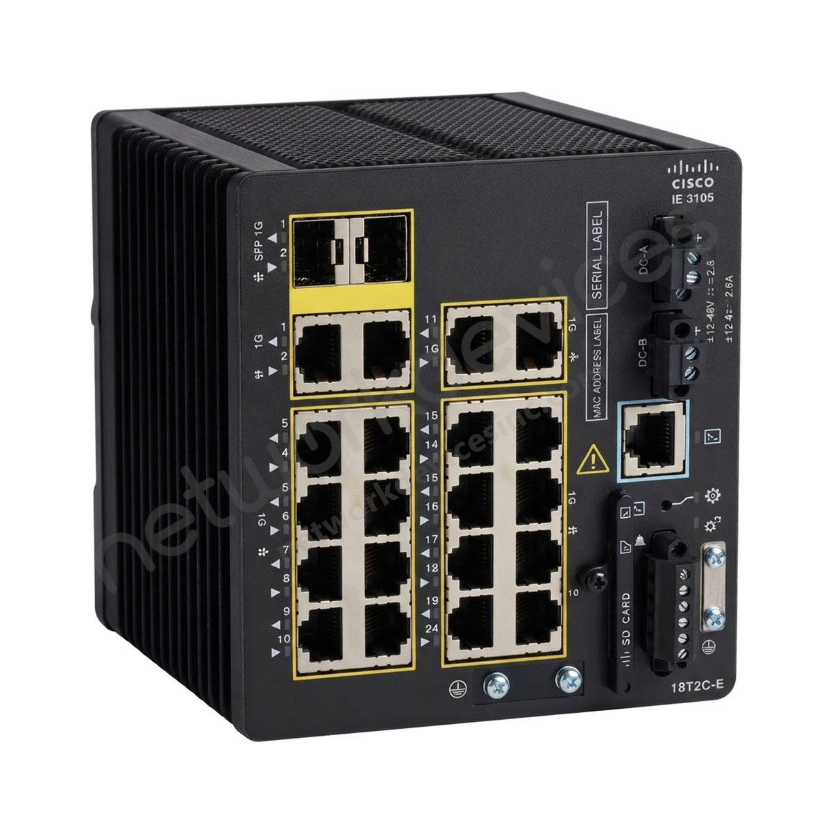 Cisco Catalyst IE3105 IE-3105-18T2C-E Rugged Industrial Switch, 18 x 1G copper, 2 x combo RJ45/SFP - front view | Network Devices Inc.