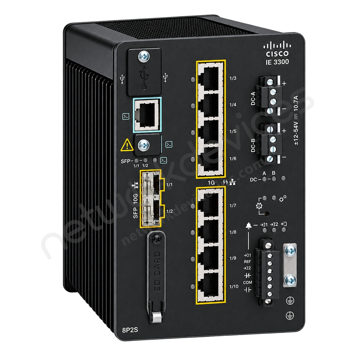 Cisco Catalyst IE3300 IE-3300-8P2S-E Rugged Industrial Switch, 8 x PoE+, 2 x 1G SFP - front view | Network Devices Inc.