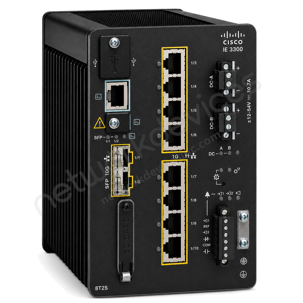 Cisco Catalyst IE3300 IE-3300-8T2S-E Rugged Industrial Switch, 8 x 1G copper, 2 x 1G SFP - front view | Network Devices Inc.