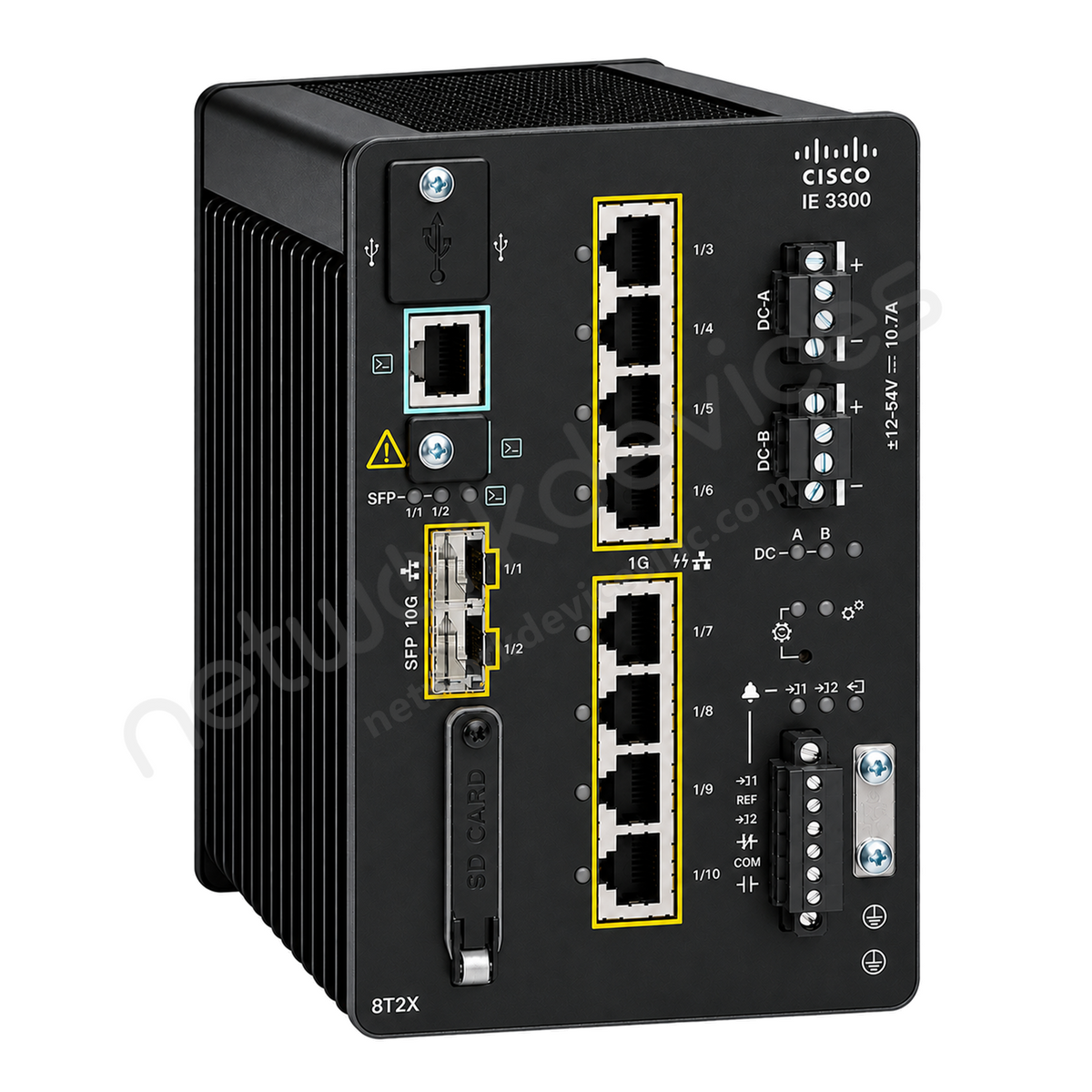 Cisco Catalyst IE3300 IE-3300-8T2X-A Rugged Industrial Switch, 8 x 1G copper, 2 x 10G SFP+ - front view | Network Devices Inc.