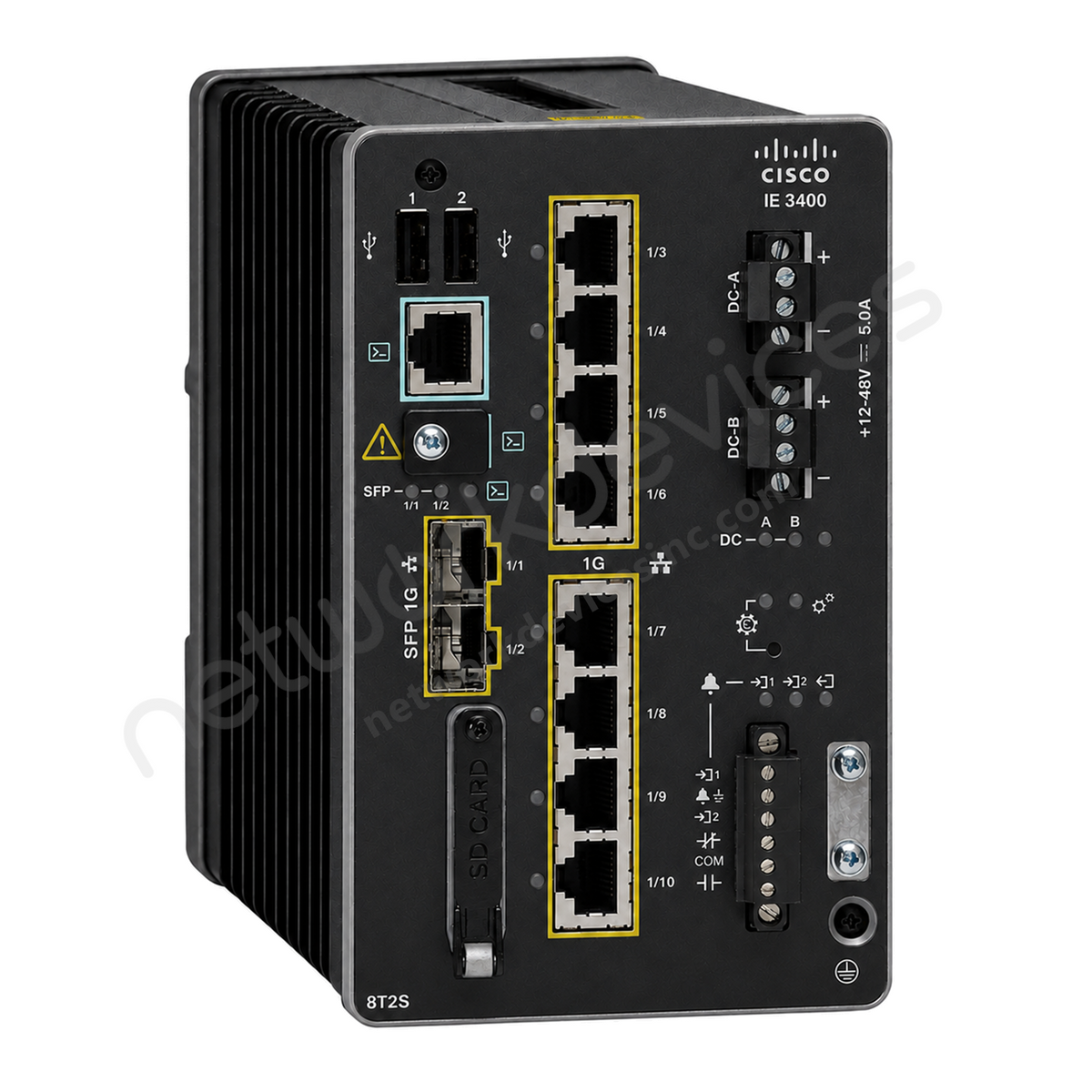 Cisco Catalyst IE3400 IE-3400-8T2S-A Rugged Industrial Switch, 8 x 1G copper, 2 x 1G SFP - front view | Network Devices Inc.