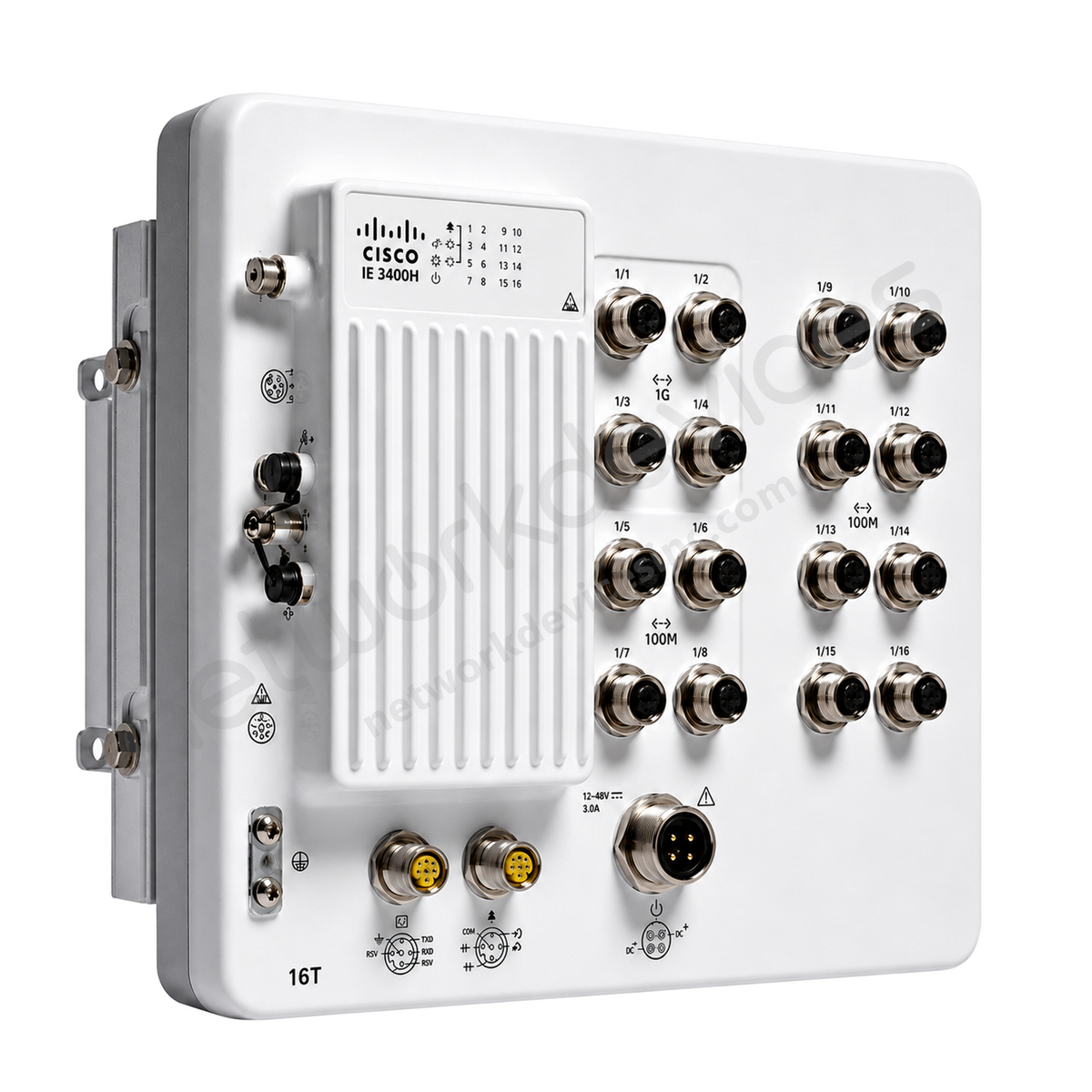 Cisco Catalyst IE3400H IE-3400H-16T-A Rugged Industrial Switch, 16 x 1G copper - front view | Network Devices Inc.