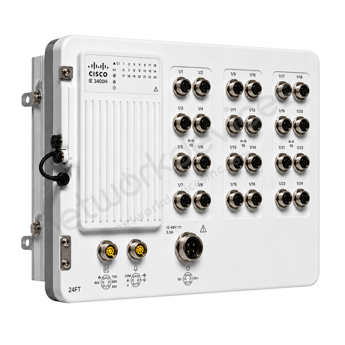 Cisco Catalyst IE3400H IE-3400H-24FT-E Rugged Industrial Switch, 24 x 100M copper - front view | Network Devices Inc.