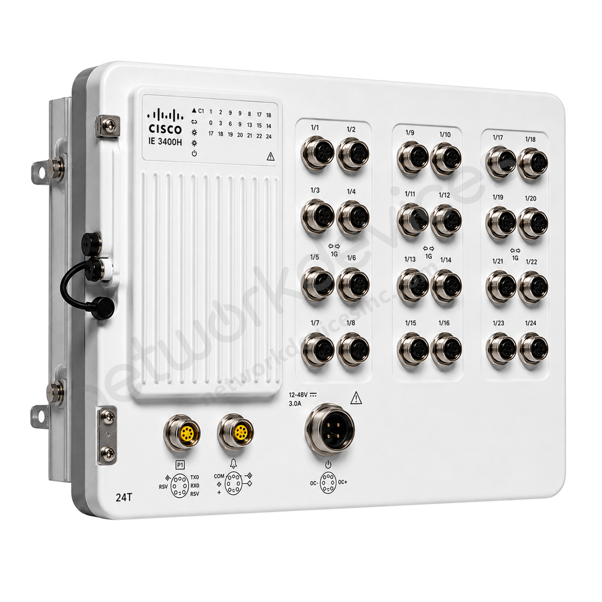 Cisco Catalyst IE3400H IE-3400H-24T-A Rugged Industrial Switch, 24 x 1G copper - front view | Network Devices Inc.