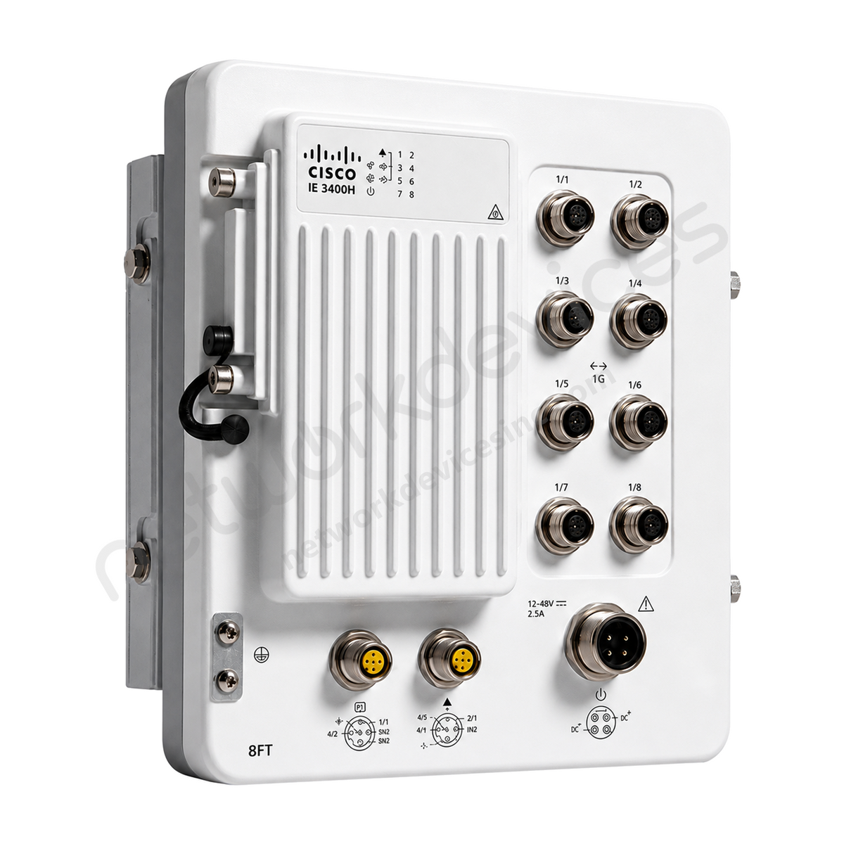 Cisco Catalyst IE3400H IE-3400H-8FT-A Rugged Industrial Switch, 8 x 100M copper - front view | Network Devices Inc.