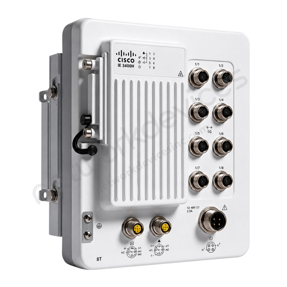 Cisco Catalyst IE3400H IE-3400H-8T-A Rugged Industrial Switch, 8 x 1G copper - front view | Network Devices Inc.