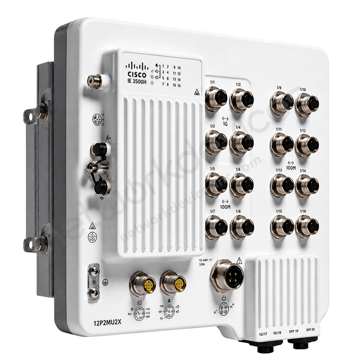 Cisco Catalyst IE3500H IE-3500H-12P2MU2X-E Rugged Industrial Switch, 12 x PoE+, 2 x MU, 2 x 10G SFP+ - front view | Network Devices Inc.