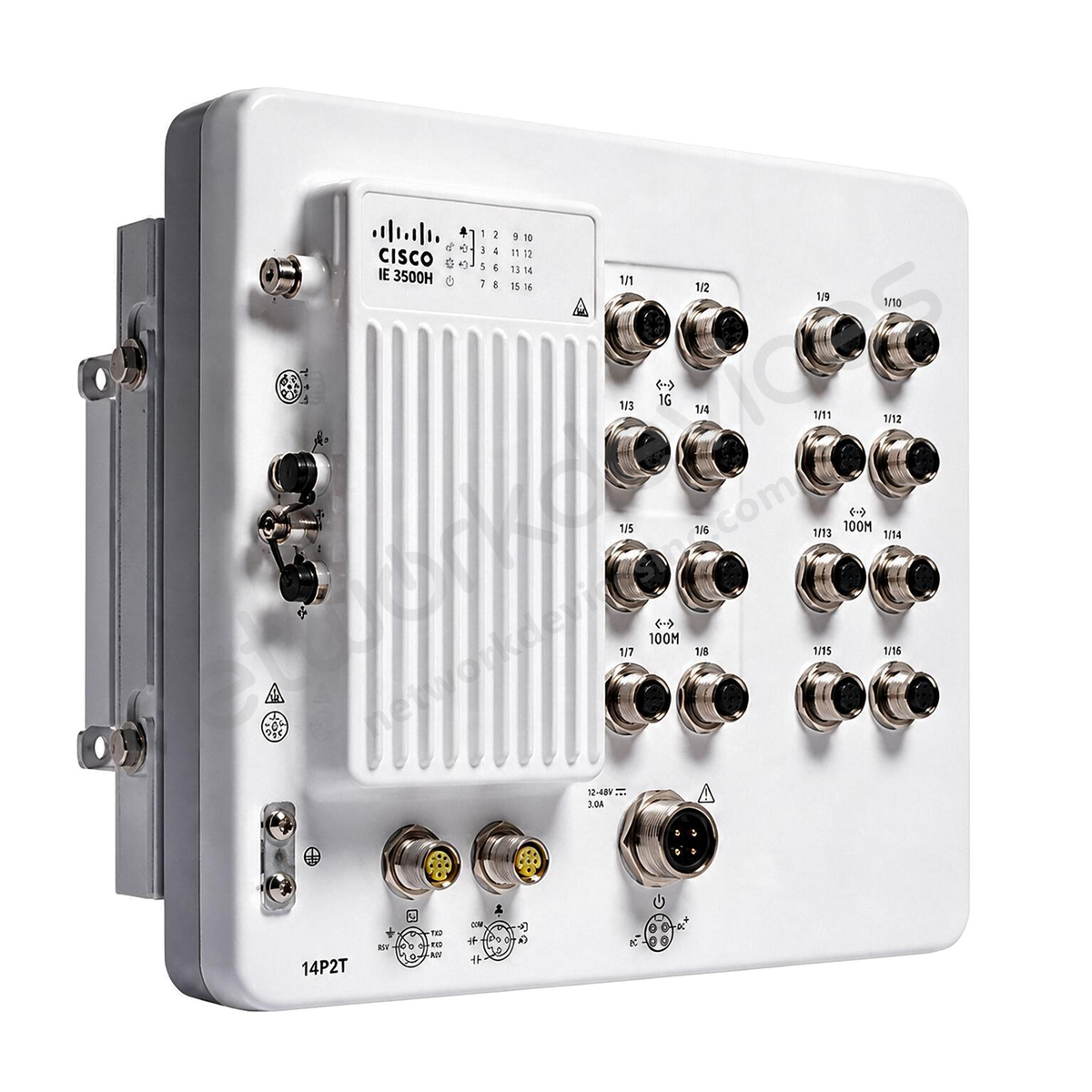 Cisco Catalyst IE3500H IE-3500H-14P2T-E Rugged Industrial Switch, 14 x PoE+, 2 x 1G copper - front view | Network Devices Inc.