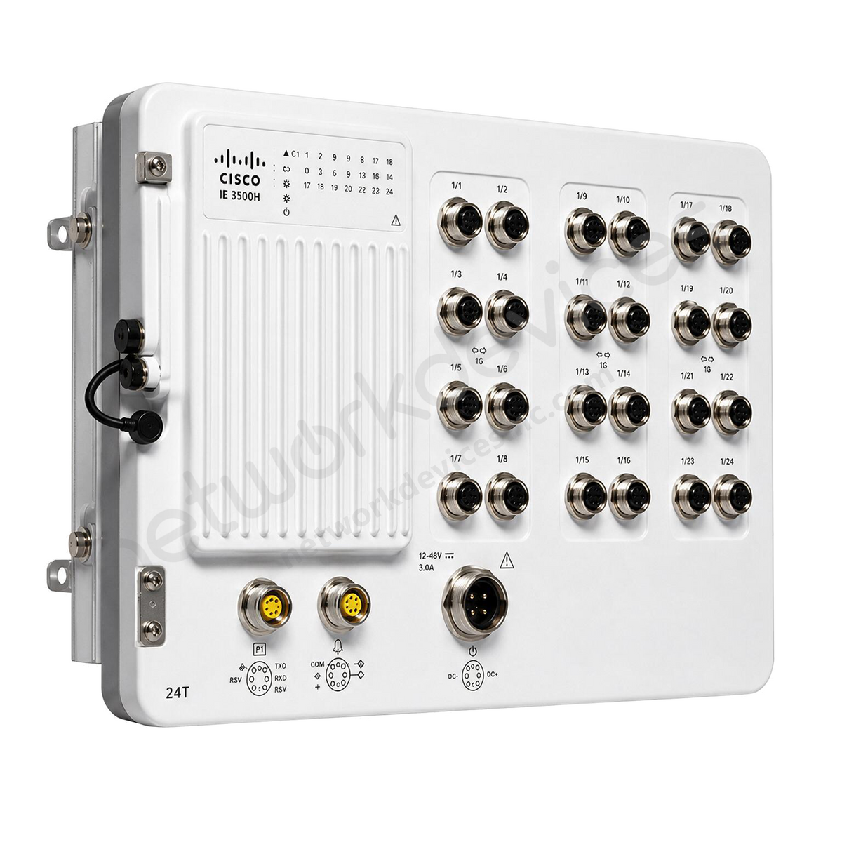 Cisco Catalyst IE3500H IE-3500H-24T-E Rugged Industrial Switch, 24 x 1G copper - front view | Network Devices Inc.
