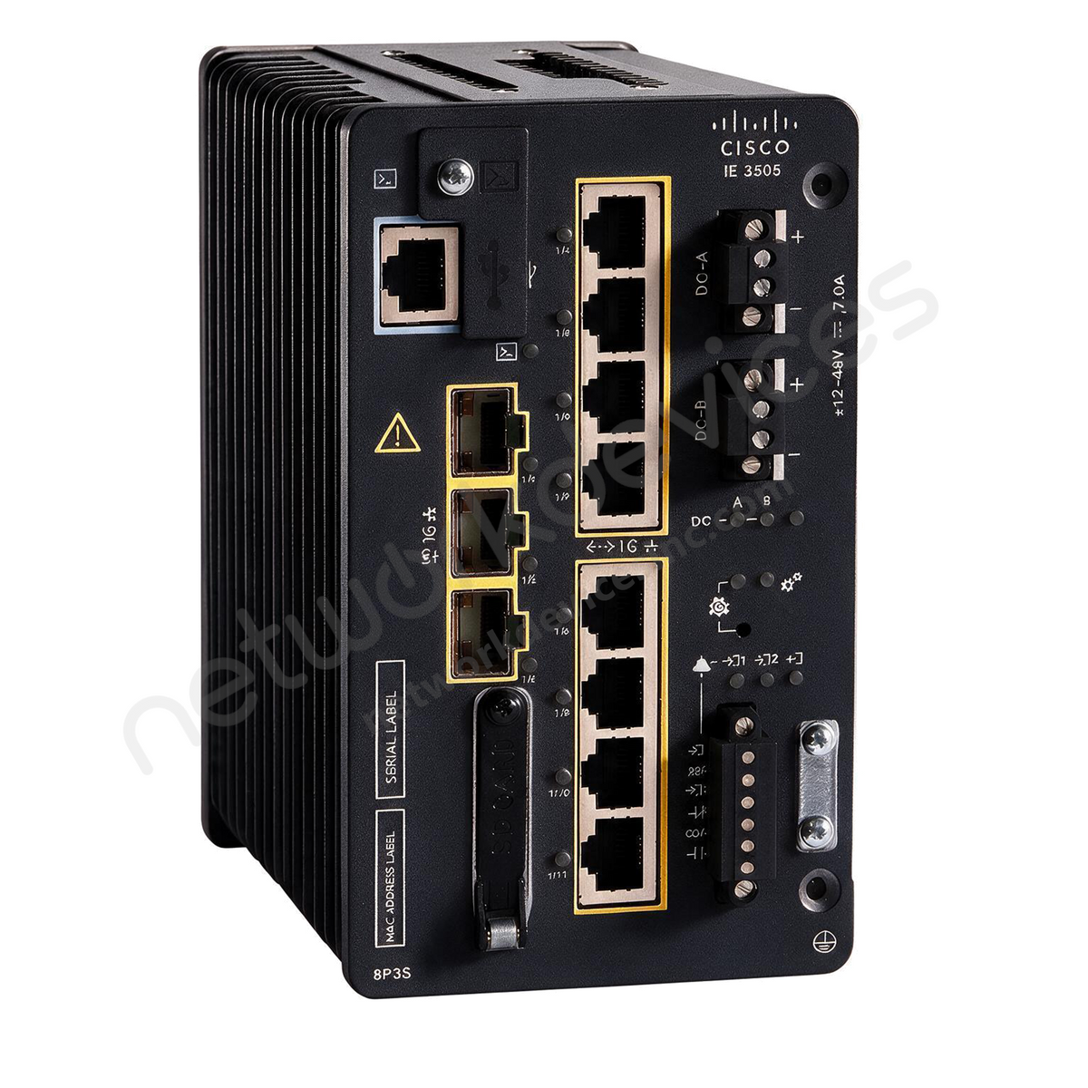 Cisco Catalyst IE3505 IE-3505-8P3S-E Rugged Industrial Switch, 8 x PoE+, 3 x 1G SFP - front view | Network Devices Inc.